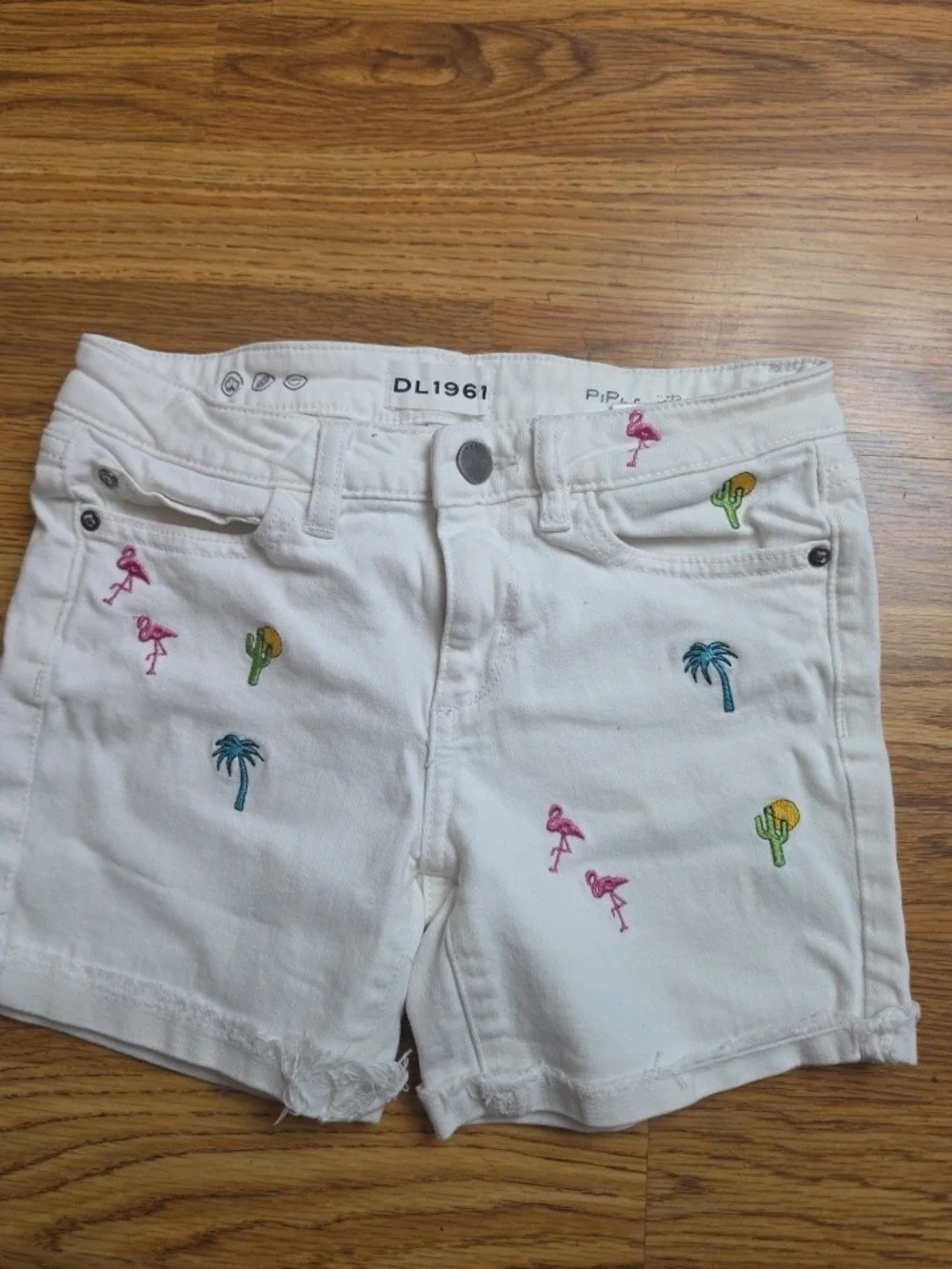 DL1961 White Denim Shorts with Multicolor Tropical Embroidery